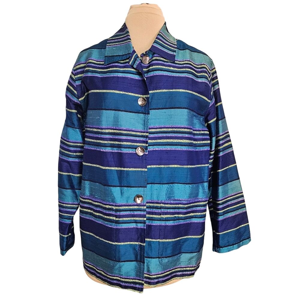 Vintage Chico's Silk Blazer Green‎ Blue Striped Blazer Relaxed Fit Medium Career